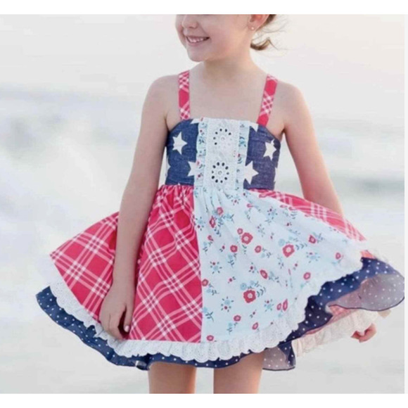 cheeky plum Other - Cheeky Plum Fourth of July Halter Ruffle Red White and Blue Dress sz 5T